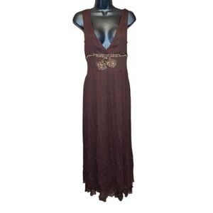 DKNY Brown Silk Gauze Embroidered Empire Dress